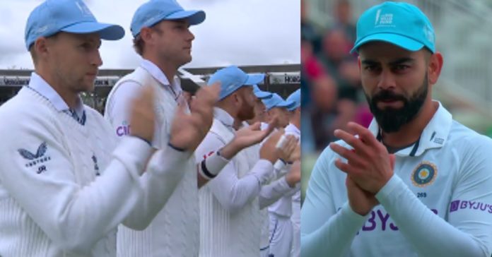 England and Indian players wearing blue caps